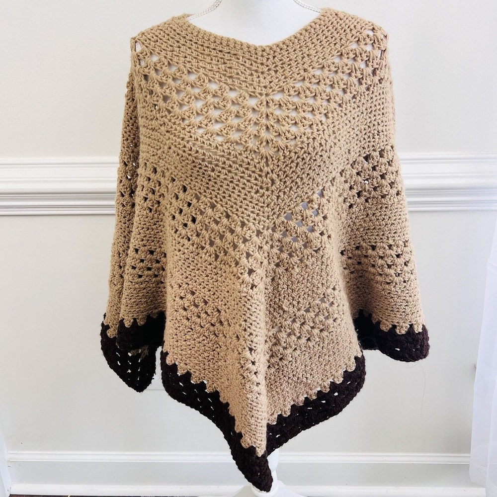 Beautiful Vintage Beige & Brown Hand Crocheted Shawl Poncho